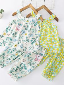 Bộ Đồ Ngủ Vải Lụa Cotton Mùa Hè Cho Bé Gái Bộ Đồ Ngủ Cotton Lụa Mỏng Tay Bảy Quần Áo Mặc Ở Nhà Cho Bé Gái Từ 2-7 Tuổi