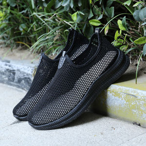 Mens Summer Breathable Mesh Slip-On Shoes Sports Leisure Hollow Thin All-Black Beijing Old Shoes Lazy Shoes round Toe Flat Heel
