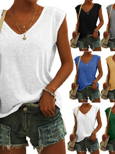 Loose V-neck Sleeveless T-shirt Womens Solid Color Simple Style Casual Cotton Top Spring Autumn Season Ladies Fashion