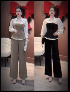 L_ Set công sở nữ đồ nữ thiết kế thanh lịch áo sơ mi tay dài bồng cục Chéo Rubi Thô hàn 2 lớp kèm quần dài ống loe