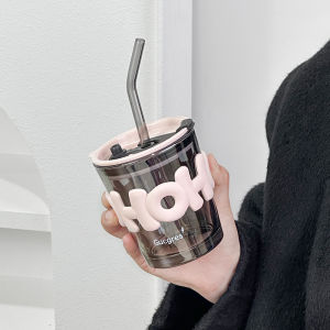 2024 New Womens High Aesthetic Glass Straw Cup Office Coffee Cup Home Water Cup Heat Resistant Tea Cup Trendy Cool Style