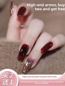 MONLEYTA | Soft Short Nail Art Stickers Wearable False Nails Handmade Finished Product Elegant Feeling New Year Wine Red Sparkling Diamond