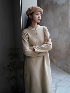 New Chinese Style Fleece Knitted Long Dress Elastic Cotton Polyester Blend Soft Winter New Arrival Q-elastic H-type Gown