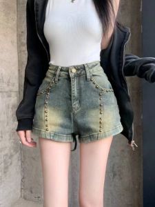 High Waist Stretchy Rivet Denim Shorts for Women Summer New Style Retro Slimming Short Pants Straight Leg Jeans by Other Brand