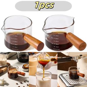 1pcs Glass Measuring Cup With Wood Handle Espresso Double Single Mouth Milk Coffee Clear Mug Coffee Supplies Kitchen Accessories