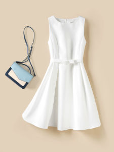 White Sleeveless Waist-Cinched Short Dress Womens Summer Elegant Slim Fit Vest Puffy Skirt Polyester Fabric All Seasons