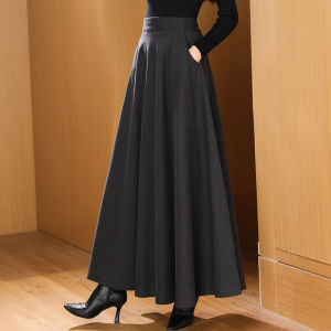 Elegant Deep Grey High Waist A-Line Midi Skirt Wool Blend Womens Long Half Body Skirts Versatile Autumn Winter New Arrival