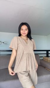 SC136 Cotton Bark Stretchable Vneck Peplum Blouse and Shorts with pockets Coords Set