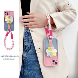 Oppo RENO13/12/11/10/9/8/7/6/5 Gradient Frame Pink Blue Colorful Stand Handheld Rope Silicone Soft Case with Wristband Full Cover A58x for Women