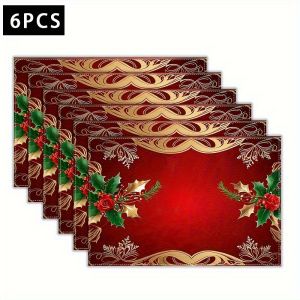 VIKAMA 4/6/8PC Christmas Printed Placemat With Holly Leaves Berries Roses Dining Table Restaurant Christmas Party Decoration
