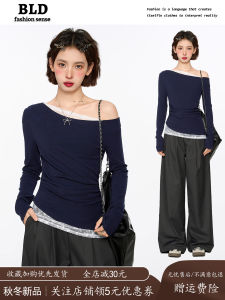 Early Autumn Slim Fit Lace Long Sleeve T-Shirt Womens Irregular Shoulder Baring Top Commute Style Casual Short Length