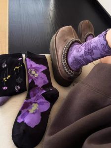 4 Pairs Pack Purple Relief Mid-Calf Socks for Girls Shark Leggings Matching College Style Long Socks Sport Yoga Fitness