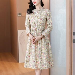 Cotton Floral Print Midi Dress Womens New Style Spring Autumn Turn-down Collar Slimming Pure Cotton Skirt Korean Style A-Line Dress
