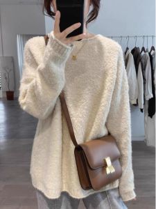 K-style Choc Apricot round Neck Lamb Wool Knitwear Women Fall New Arrival Loose Casual Unique Fancy Tops