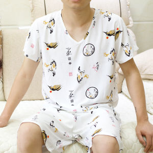 Áo Ngủ Nam Mùa Hè Tay Ngắn Quần Short Rộng Rãi Mỏng Nhẹ Thường Ngày Bằng Vải Cotton Lụa Thoáng Khí Thoải Mái Mặc Nhà