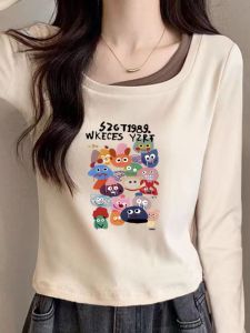 Áo Thun Cotton Dài Tay Cổ Vuông Ngắn Cho Nữ Mùa Thu Đông Mới Nhỏ Gọn Che Bụng Áo Lót Phong Cách Hàn Quốc Tay Thường