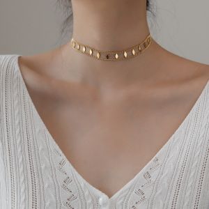 18K Gold Plated Choker Necklace Double Layers Stainless Steel Diamond Sequin Necklace For Women