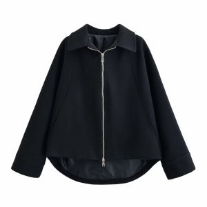 Tidalyf Áo Khoác Len Nữ Cổ Gập Dài Tay Có Khóa Kéo Phía Trước Chi Tiết Áo Choàng Thanh Lịch Sang Trọng Thu Đông Áo Khoác Ngoài Dày