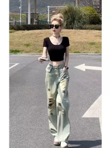 American Style High Waist Straight Leg Jeans Womens Summer New Hole Design Slimming Street Style Long Pants