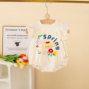 ชุดเดรสแขนกุดคอตุ๊กตาสไตล์เจ้าหญิงสำหรับเด็กผู้หญิงในช่วงฤดูร้อน ชุดเด็กผ้าฝ้ายลายดอกไม้ กระโปรงทรงเอ ความยาวปานกลาง