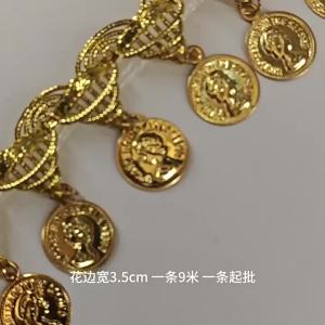 Gold Coin Shape Trim Sequins Lace Tassel Fringe Trim 4cm Width Sequins Tassel Lace Ribbon Fringe Dance Dress Belt Chain Clothes