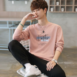 Áo Thun Cotton Nam Mùa Thu Đông Dày Dặn Dài Tay Màu Hồng Thời Trang Áo Lót Lót Lông Cừu Áo Phông Cổ Tròn Thường Ngày