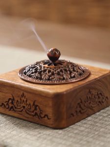 กระถางธูป ที่จุดกำยาน ไม้สัก มีฝาปิด แกะสลักลาย ขนาด 10cm พร้อมแผ่นกันไฟ (รูปภาพ)