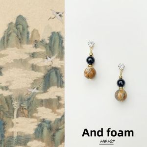 Handmade Original New Chinese Style Artistic Hemo Earrings Vintage Feel Natural Stone Geometric Pattern for Women