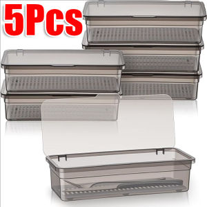 5Pcs Large Clear Rectangle Storage Box / Plastic Utensils Storage Box with Drainer and Cover / Household Kitchen Oragnizer Case / Dustproof Cutlery Storage Container