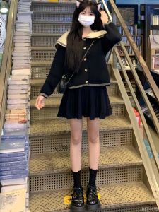 เสื้อคาร์ดิแกนถักคอพันธุ์สีน้ำเงินสไตล์เกาหลี เสื้อคลุมกันหนาวแบบมีกระดุมเดียว ทรงหลวม แขนยาว ปกติ