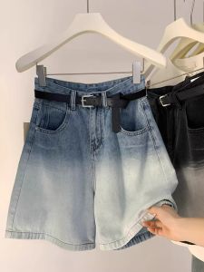 Retro Gradient Color Five-Quarter Womens Jeans High Waist Straight Leg Fashionable Shorts Mid-Length Casual Denim Pants