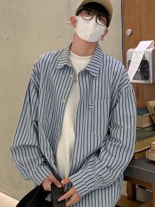 Spring Autumn Stripe Long Sleeve Anti-Wrinkle Drapey Loose Fit Shirt Hong Kong Style Retro Versatile Trendy Brand Casual Shirt