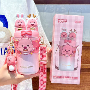 Cute KT Cat Insulated Water Bottle Student Straw Cup High Aesthetic Value Childrens Thermos Double Drink Cup School Use