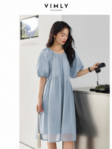 Vimly | Đầm Màu Sơ Mi Bông Tay Dài Đơn Giản