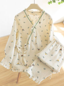 Spring Autumn Cotton Kimono Sleepwear Womens Long Sleeve Thin Home Clothes Set Summer Cotton Gauze Double Layer Freshness