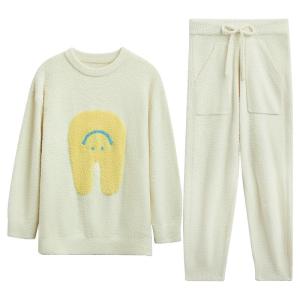 HODO | ชุดนอนผ้าขนแกะสีชมพูคอตตอน 2 ชิ้น แขนยาว ทรงหลวม สำหรับคู่รัก ฤดูใบไม้ร่วง/ฤดูหนาว ชุดอยู่บ้านแบบสวมหัว