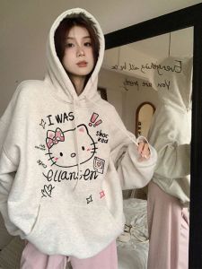 Hellokitty Hello Kitty Print Hooded Thin Sweatshirt Female Fall and Winter New Arrival Fleece-lined Thickened Loose-Fitting Jacket Tide