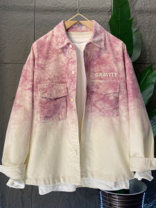 Áo Khoác Denim Rộng Rãi Phong Cách Mới Mùa Thu Cho Cặp Đôi Áo Sơ Mi Denim Thêu Thắt Nơ Áo Khoác Dài Tay Thường Ngày