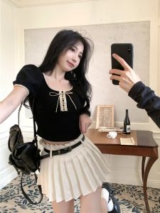 Elegant Black Short Sleeve Knitted Top Womens Slim Fit Summer T-Shirt Banded Waist Design Commute Style Youthful Pattern