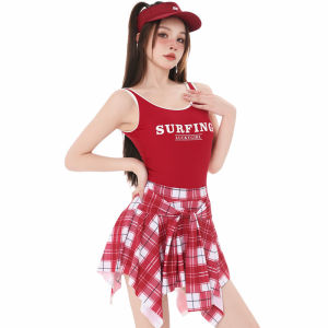 LYSEACIA 2pcs Plaid Swimsuit for Young Women Fashion Backless Letters Printed One Piece Swimwear Sleeveless Padded Monokini + Individual Skirt to Cover Hip Summer Beachwear