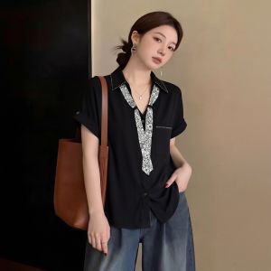 AIYITI | French Style Silk Scarf Black Short Sleeve Blouse
