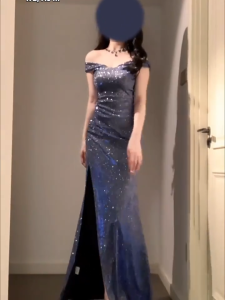 🎀 SIS Off-Shoulder Mermaid Evening Dress Sequin Side Slit Bridal Dress Banquet Gown Bodycon