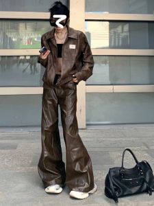 กางเกงลำลองผู้หญิงเอวต่ำ ทรงหลวม ขากว้าง ยาวถึงพื้น กางเกงหนัง PU สีน้ำตาล ทรงหลวม กางเกงขายาวสุดเท่