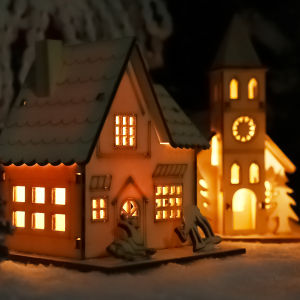 (Free Battery) Christmas Village Lighting Wooden House Xmas Decor Xmas Tree Ornaments with Warm White LED Light DIY Christmas Gifts
