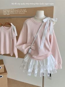 Dễ Thương Phong Cách Ren Buộc Vai Áo Len Dệt Kim Nữ Cổ Tròn Dài Tay Áo Chui Đầu Áo Nửa Váy Bộ Mùa Thu Thời Trang