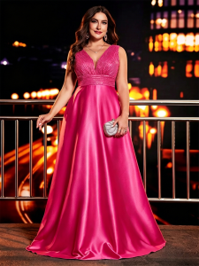Plus Size Satin Prom Dress Sparkly Sequin V Neck Long Evening Gown Sleeveless A Line Floor Length Formal Prom Dress