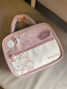 Kitty Cat Large Capacity Cosmetic Toiletry Bag Travel Portable Handbag Cartoon Print Soft Nylon Material Commuter Style Zipper Closure