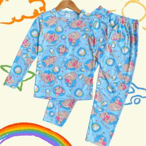 ชุดเด็ก ชุดใส่นอน ชุดใส่เล่น เด็กหญิงเด็กชาย ลายหมูเด้ง ผ้านิ่มๆสีสดสีไม่ตกบางเบาใส่สบาย แขนยาว+ขายาว(ย+ย)หมูเด้ง เบบี้ฮิปโป