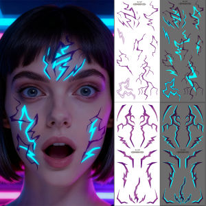 รอยสักชั่วคราวเรืองแสงในที่มืดลายหน้าผู้หญิงสไตล์โกธิค Kpop 2 ชิ้น - ลายสายฟ้าสีน้ำเงินม่วงเท่ๆ และลายเส้นเลือด ศิลปะบนร่างกาย รอยสักกันน้ำ