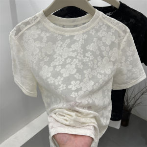 Lightweight Lace Short Sleeve T-Shirt Womens Summer New Style Floral Embroidery Design Sensation Mesh Commute Korean Style Slim Fit